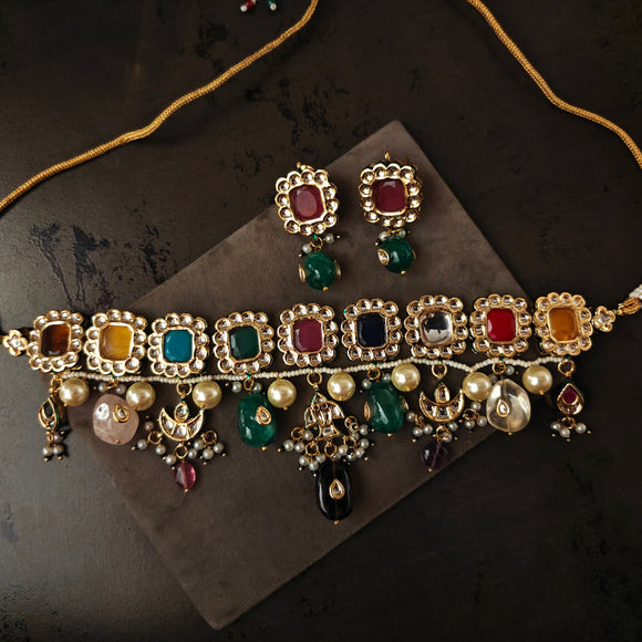 FINEST QUALITY NAVRATAN CHOKER WITH KUNDAN AND EARRINGS