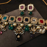 FINEST QUALITY NAVRATAN CHOKER WITH KUNDAN AND EARRINGS