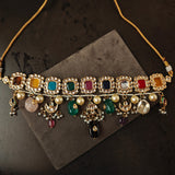 FINEST QUALITY NAVRATAN CHOKER WITH KUNDAN AND EARRINGS