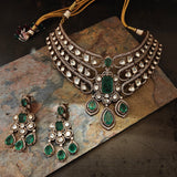 EXQUISITE POLKI KUNDAN DOUBLET STONE VICTORIAN CHOKER WITH EARRINGS