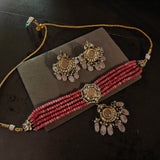 BIKANERI KUNDAN CHOKER WITH EARRINGS WITH ROSE QUARTZ HANGINGS