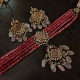 BIKANERI KUNDAN CHOKER WITH EARRINGS WITH ROSE QUARTZ HANGINGS