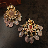 BIKANERI KUNDAN CHOKER WITH EARRINGS WITH ROSE QUARTZ HANGINGS