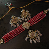 BIKANERI KUNDAN CHOKER WITH EARRINGS WITH ROSE QUARTZ HANGINGS