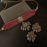 BIKANERI KUNDAN CHOKER WITH EARRINGS WITH ROSE QUARTZ HANGINGS