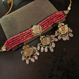 BIKANERI KUNDAN CHOKER WITH EARRINGS WITH ROSE QUARTZ HANGINGS