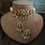 INDO WESTERN FIROZA NECKLACE WITH FLOURITE STONES AND POLKI