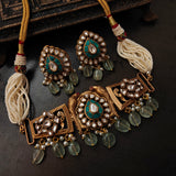INDO WESTERN FIROZA NECKLACE WITH FLOURITE STONES AND POLKI