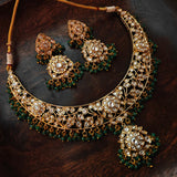EXCLUSIVE POLKI KUNDAN CHOKER WITH EARRNINGS AND SEMI PRECIOUS STONE HANGINGS