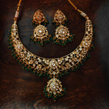 EXCLUSIVE POLKI KUNDAN CHOKER WITH EARRNINGS AND SEMI PRECIOUS STONE HANGINGS