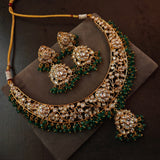 EXCLUSIVE POLKI KUNDAN CHOKER WITH EARRNINGS AND SEMI PRECIOUS STONE HANGINGS