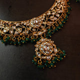 EXCLUSIVE POLKI KUNDAN CHOKER WITH EARRNINGS AND SEMI PRECIOUS STONE HANGINGS