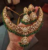 EXCLUSIVE POLKI KUNDAN CHOKER WITH EARRNINGS AND SEMI PRECIOUS STONE HANGINGS
