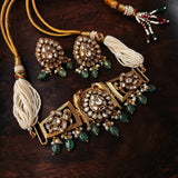 EXQUISITE POLKI KUNDAN AND FLUORITE STONE CHOKER WITH EARRINGS