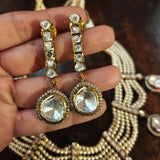 DESGINER MOSSAINITE KUNDAN CHOKER WITH PEARL STRINGS AND EARRINGS