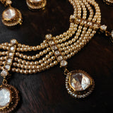 DESGINER MOSSAINITE KUNDAN CHOKER WITH PEARL STRINGS AND EARRINGS