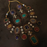 ROYAL NAVRATNA POLKI STATEMENT NECKLACE SET WITH MATCHING EARRINGS