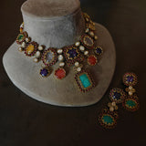ROYAL NAVRATNA POLKI STATEMENT NECKLACE SET WITH MATCHING EARRINGS