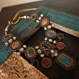 ROYAL NAVRATNA POLKI STATEMENT NECKLACE SET WITH MATCHING EARRINGS