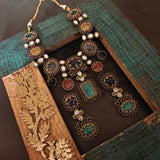 ROYAL NAVRATNA POLKI STATEMENT NECKLACE SET WITH MATCHING EARRINGS