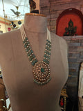AQUA STONE & PEARL KUNDAN PENDANT NECKLACE