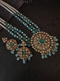 AQUA STONE & PEARL KUNDAN PENDANT NECKLACE
