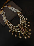 RUBY RED KUNDAN & PEARL LAYERED NECKLACE SET