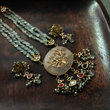 EXCLUSIVE ROSE QUARTZ KUNDAN JADAU PENDANT WITH SEMI PRECIOUS STONE STRING AND HANGINGS