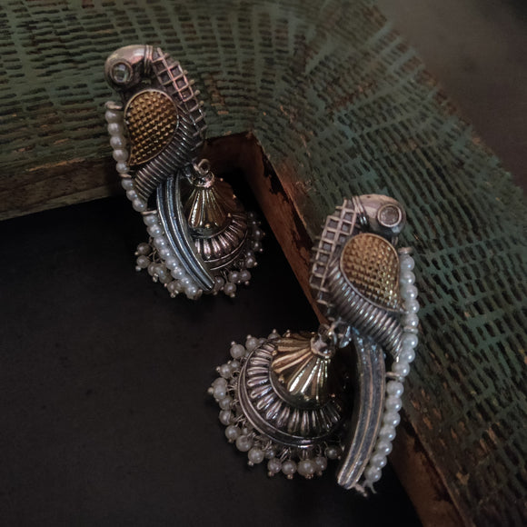 TRIBAL SILVER PLATED DUAL TONE BIRD EARRINGS