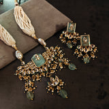 FINEST QUALITY DESIGNER BIKANERI KUNDAN NECKLACE WITH EARRINGS AND REAL FLOURITE HANGING