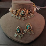 INDO WESTERN FIROZA NECKLACE WITH FLOURITE STONES AND POLKI