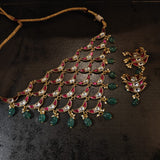 HANDCRAFTED SEMI PRECIOUS RUBY EMERALD POLKI KUNDAN STATEMENT NECKLACE SET