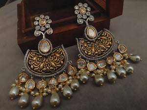 Statement Polki Kundan Earrings In Antique Gold Finish Earrings