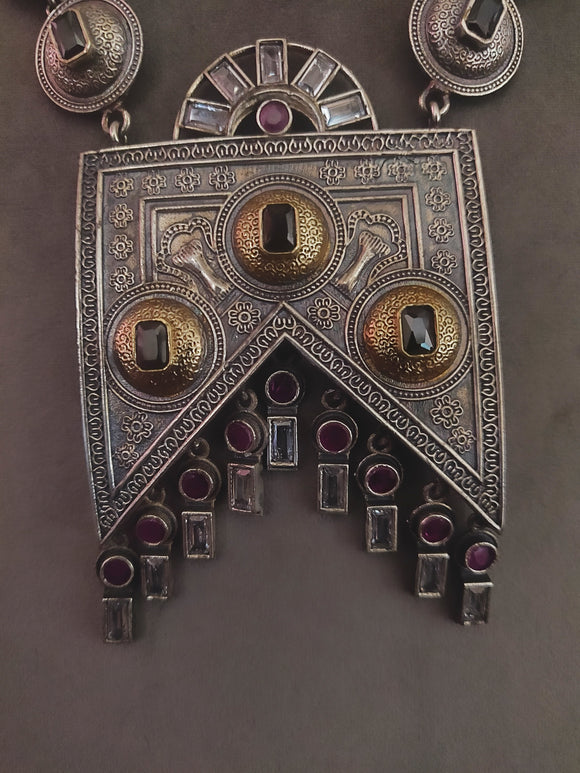 Silver Plated Tribal Necklace With Studs In Dual Tone Finish Necklace