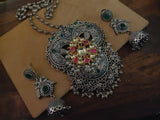 Wear Me Exclusive Silver Plated Neckpiece With Paachi Kundan And Earrings Necklace
