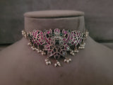 TRIBAL SILVER PLATED DESIGNER CHOKER WITH EARRINGS