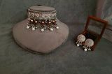 TRIBAL SILVER PLATED DESIGNER CHOKER WITH EARRINGS