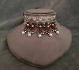TRIBAL SILVER PLATED DESIGNER CHOKER WITH EARRINGS